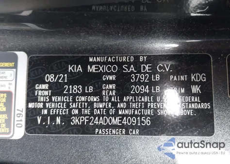 2021 Kia Forte Lxs z USA, uszkodzony, nr VIN 3KPF24AD0ME409156